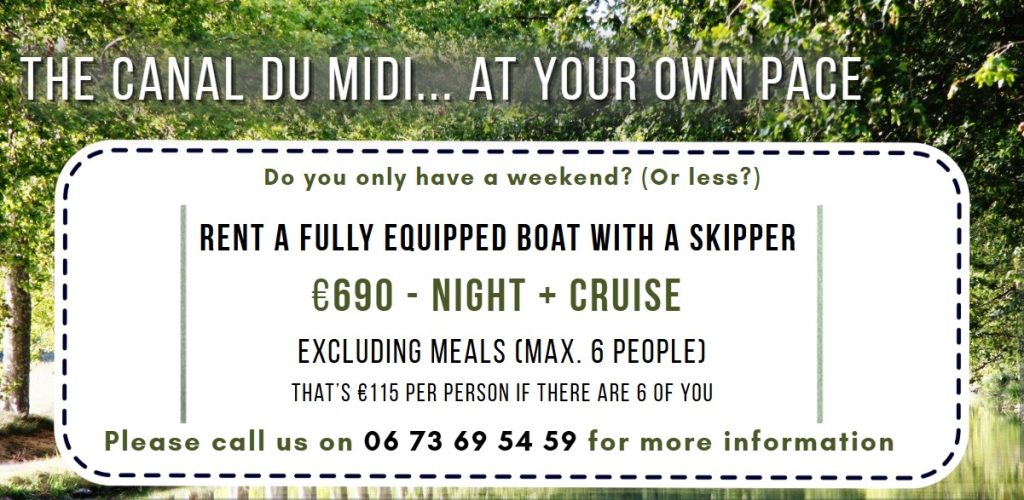 Green, white and black banner: Navylis cruise offer for one night, up to 6 people. Background image: landscape view of the Canal du Midi